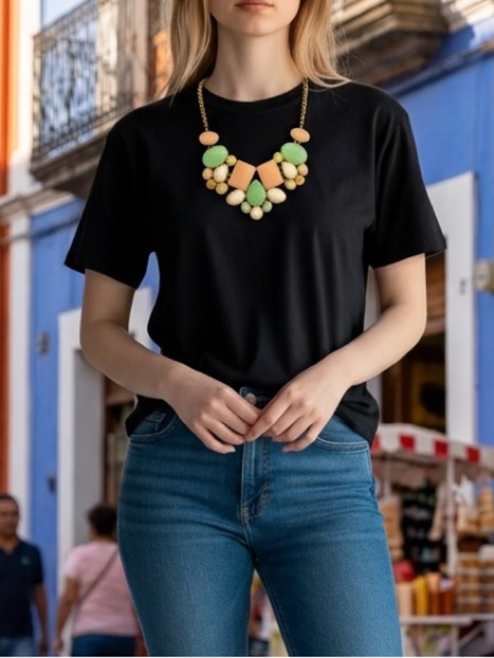 Multi color pastel color necklace gold tone